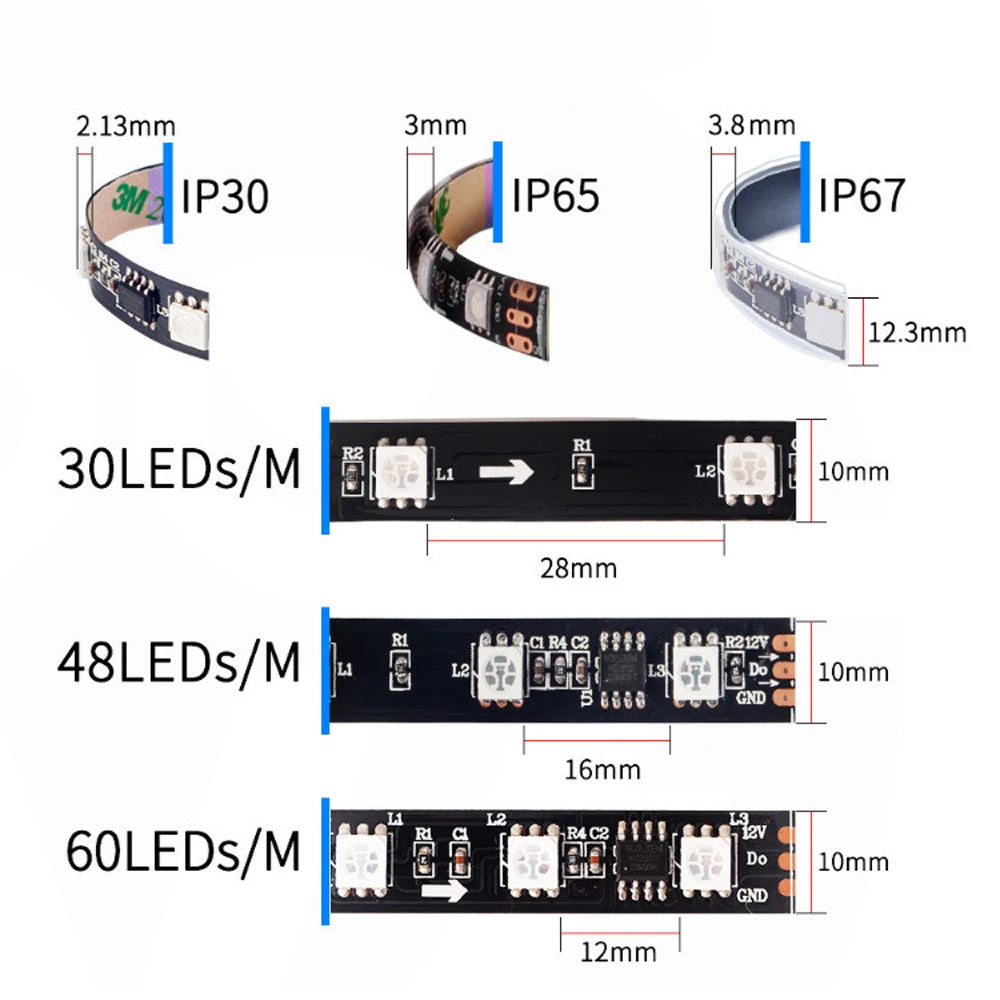 DC12V 24V WS2811 RGB LED Strip Individually Addressable 30/48/60/72/84 Leds/m Tape Light IP30/65/67 Waterproof Flexible Ribbon