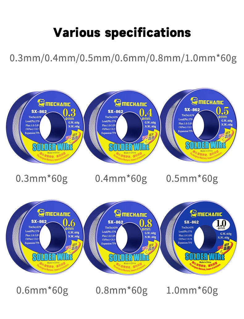 MECHANIC 0.3-1.0mm Dual Core Rosin Flux Solder Wire 40g Fast Melting Low Residue for PCB Motherboard Repair 5PCS Pack SX-862