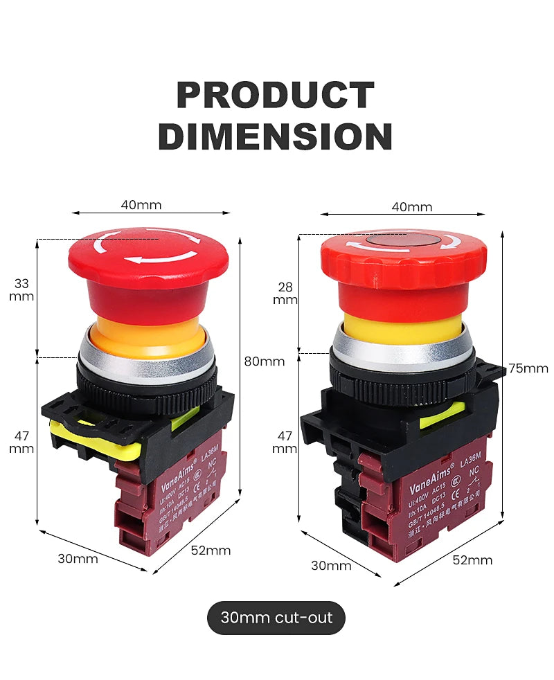 30mm LA36M Emergency Stop Push Button Switch Latching Self locked Plastic Mushroom E-stop Switch with Red LED Light 220v 12v 24v