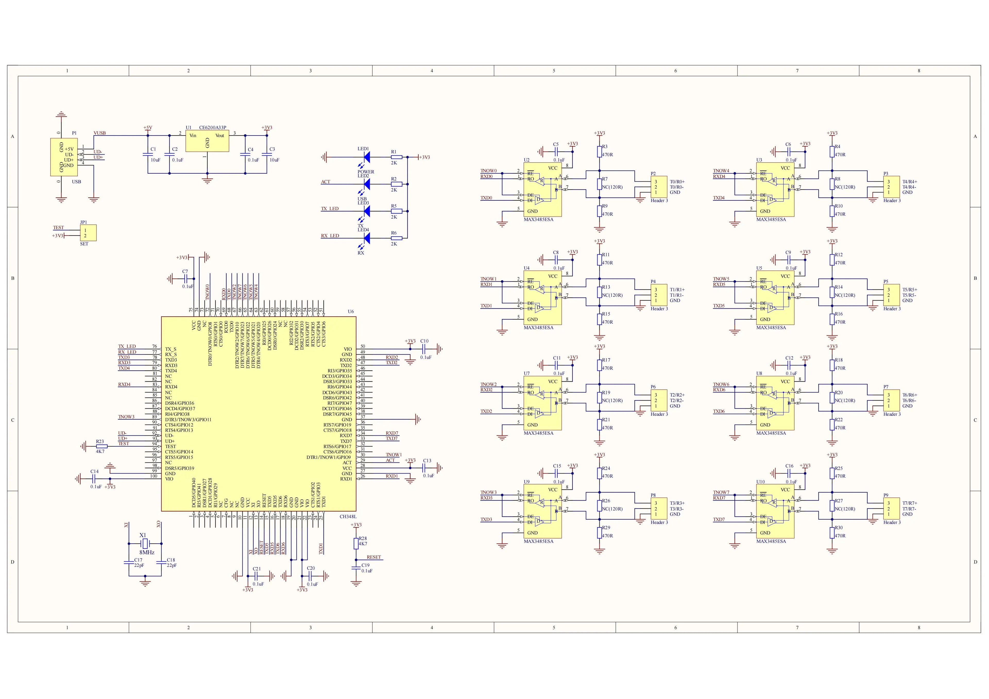 USB to 8-Channel RS485 UART Adapter Board with High-Speed CH348L Controller Chip