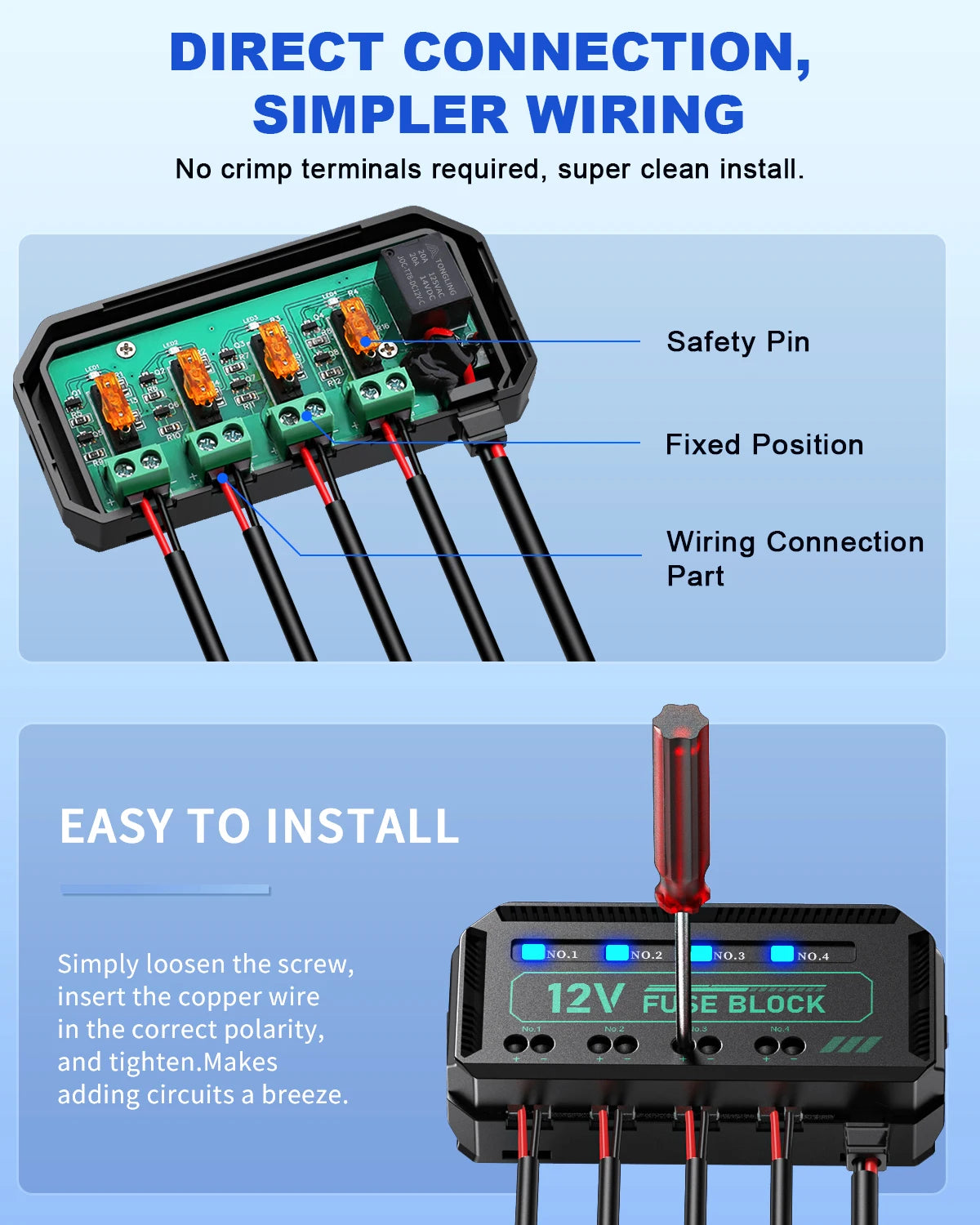 Anchtek 12V Motorcycle Fuse Box Universal Automotive Fuse Block with 4 Circuits Low Profile Mini Blade LED Indicator Fuse Holder