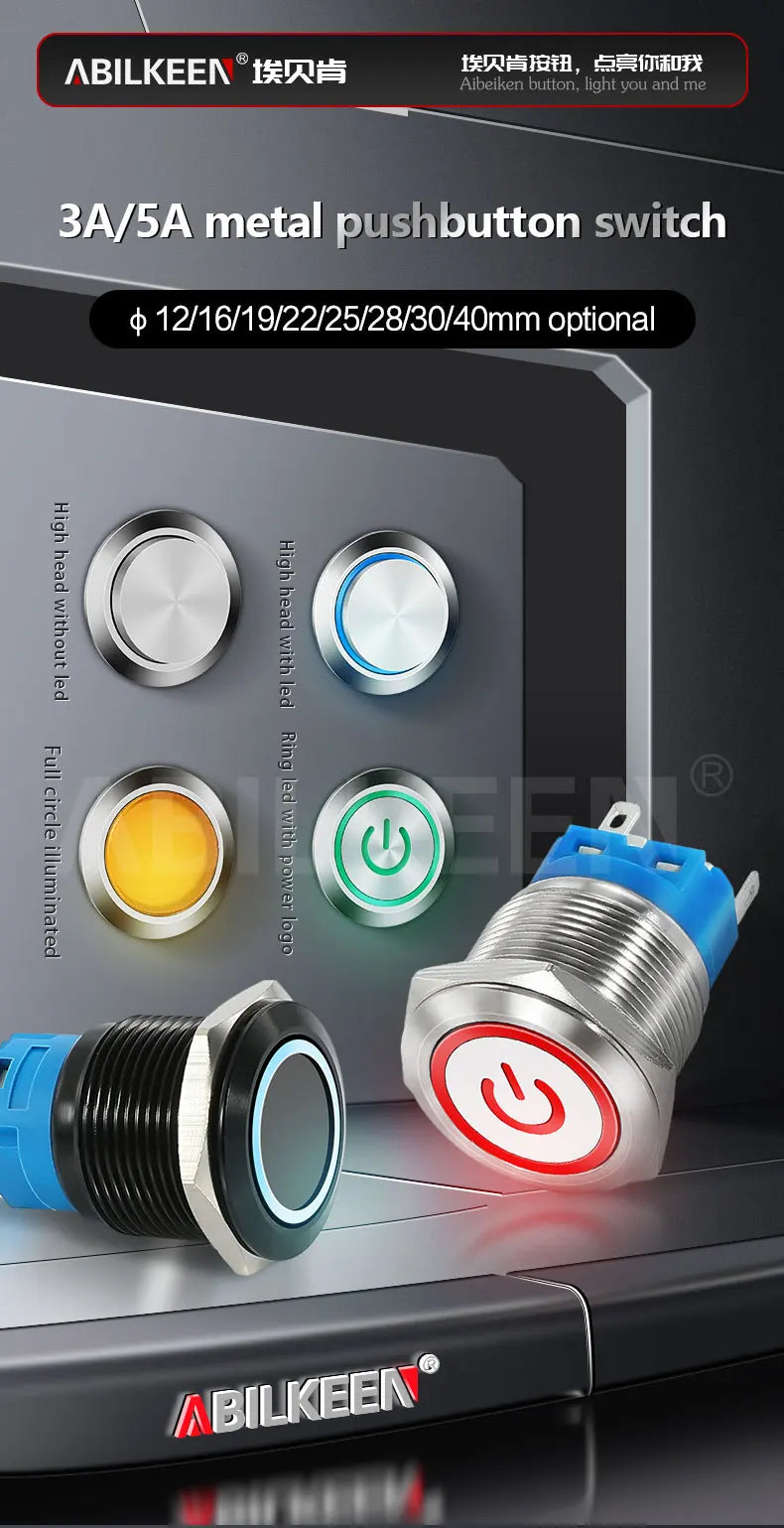 ABILKEEN 12/16/19/22MM LED Ring Illuminate Metal Push Button Switch 1NO1NC Momentary/Latching Power Control Push Button Switch