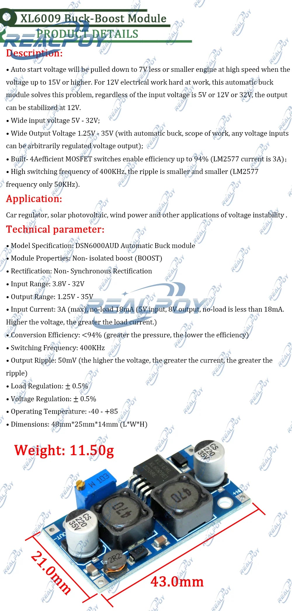 XL6009 4A Boost Converter Step Up Adjustable 15W 5-32V to 5-50V DC-DC Power Supply Module High Performance Low Ripple