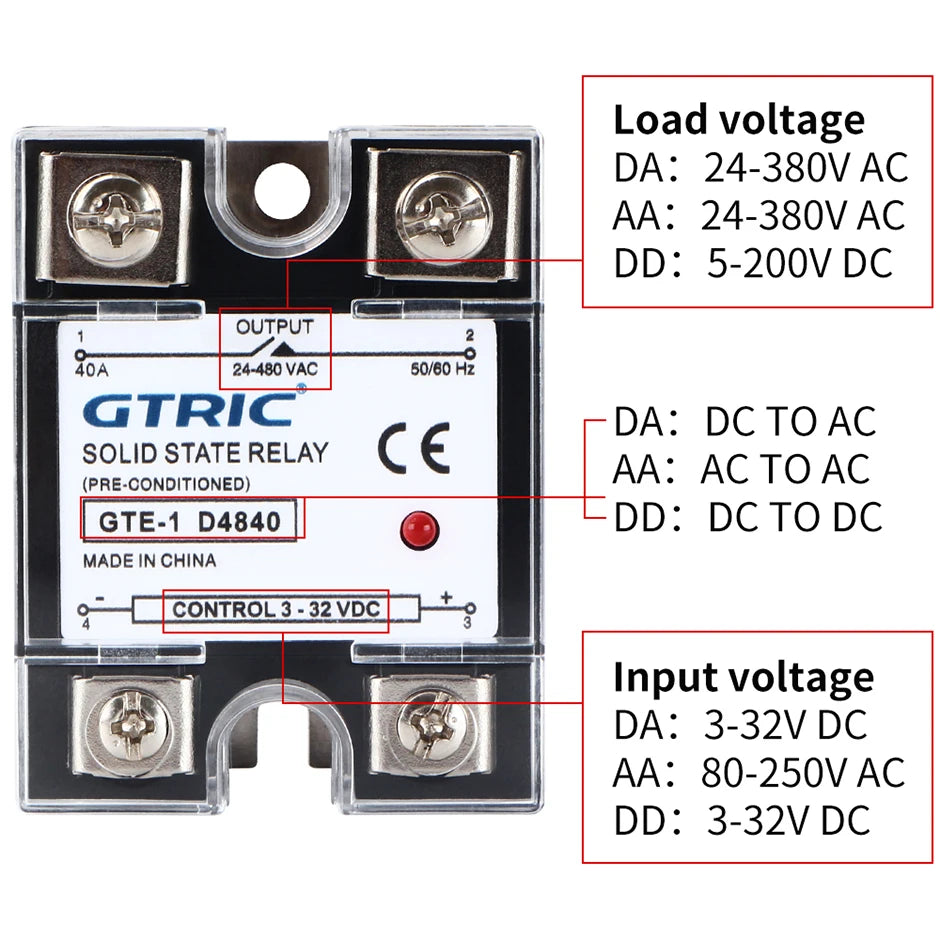 GTRIC SSR Solid State Relay Module 10A 25A 40A 50A 60A 80A 100A DC To AC AC To AC DC To DC 24-380V AC Single Phase Control Relay