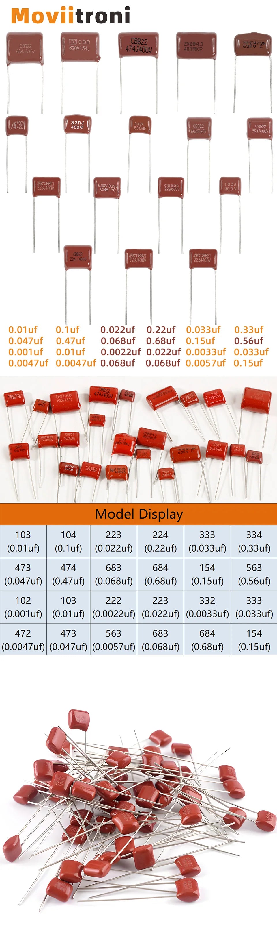 20pcs CBB Capacitors Metallized Polypropylene Film Capacitor 0.01uf 0.22uf 0.33uf 0.47uf 0.68uf 1nf 10nf 22nf 23nf 47nf 68nf
