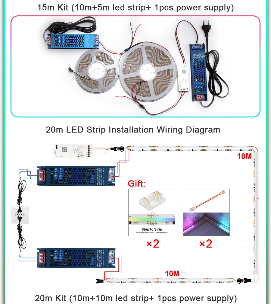 RGB-IC COB LED Strip with Tuya Wifi Controller 2.4G Remote Alexa Google Home Rainbow Color Addressable LED Tape 10m 20m 25m Kit