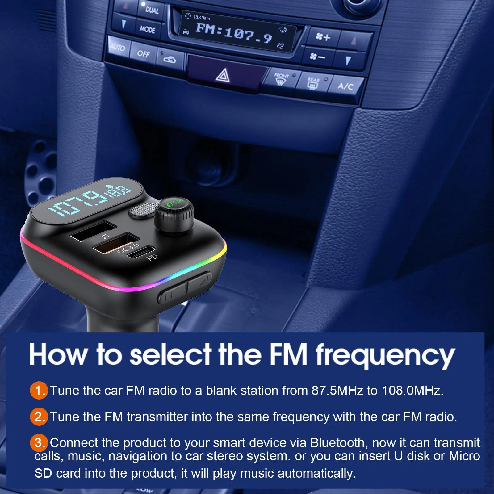 Car PD 18W QC3.0 Fast Charge Bluetooth 5.0 FM Transmitter Dual Player Music Type-C Colorful Ambient MP3 Light Cigarette Lighter