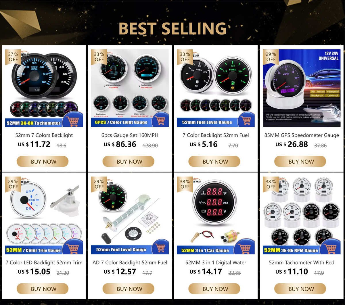 6 Gauge Set 85mm GPS Speedometer Tachometer 52mm Water Temp Fuel Voltmeter Oil Pressure Meter With 1/8 NPT Sensor For Boat Car