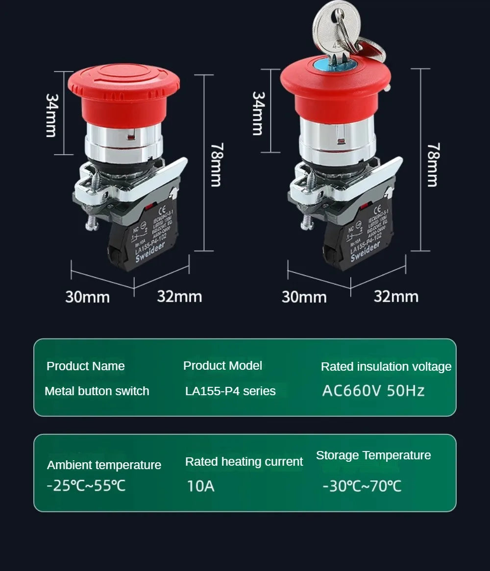 XB4 22mm Mushroom Emergency Stop Button Switch 10A Key Emergency Stop Power Push Button Switch 1NC 1NO Start Switch Red Green