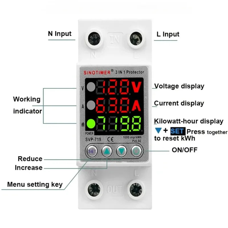 110VAC 120V Dual/Three Display Adjustable Over Voltage Current Under Voltage Protector KWh Energy Meter 40A 63A Protection Relay