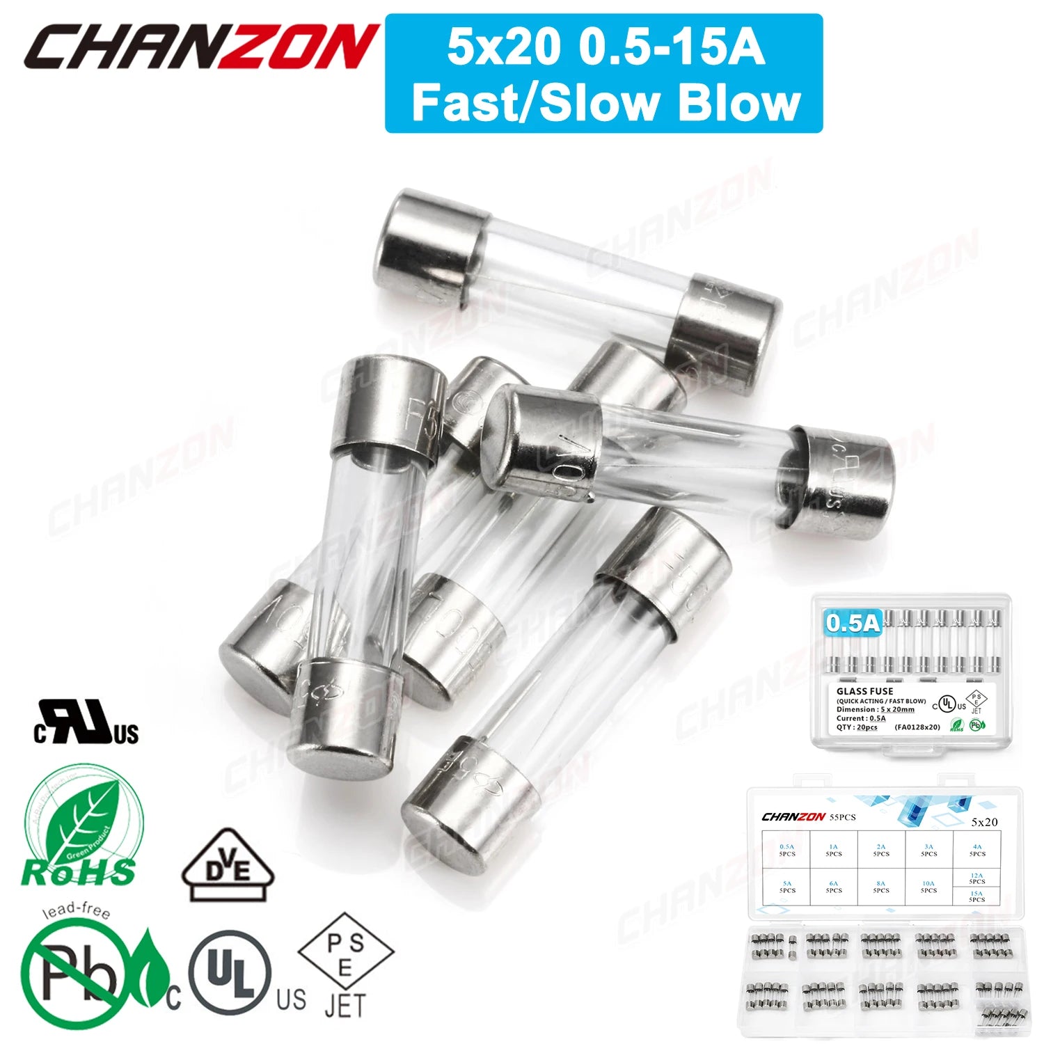 20PCS / 55PCS 5x20 Glass Tube Fuse Fast Slow Blow 5X20mm Kit 0.5A 1A 2A 3A 4A 5A 6A 6.3A 8A 10A 12A 15A 250V 125V 12V Set