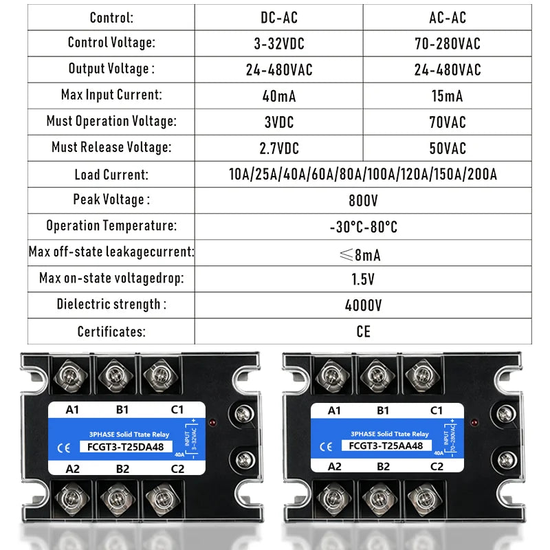 Three-phase Solid State Relay SSR 3 Phase 10A 25A 40A 60A 80A 100A 120A 150A 200A AC Control AC DC Control AC 25DA 380VAC