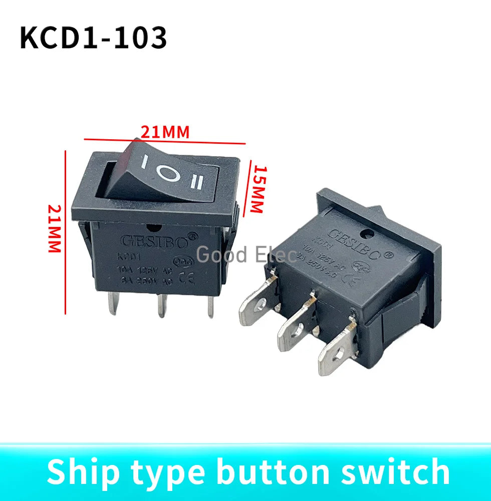 5PCS KCD2 203 6P black three position toggle switch  6A/250VAC 10A/125VAC (on / off / on) rocker switch 1011