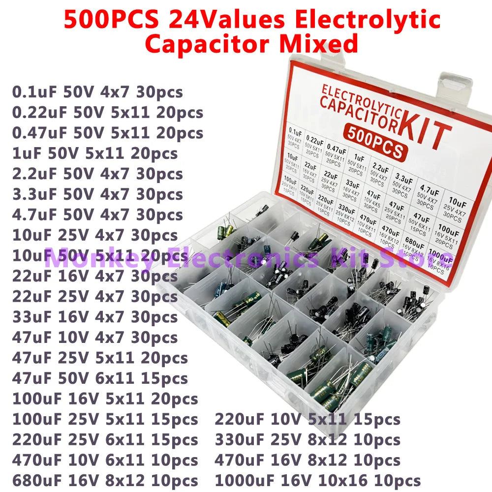 500PCS 0.1uF-1000uf 24Values Electrolytic Capacitor Mixed DIP Electronic Kit Electrolyte Capacitors 10V 16V 25V 50V