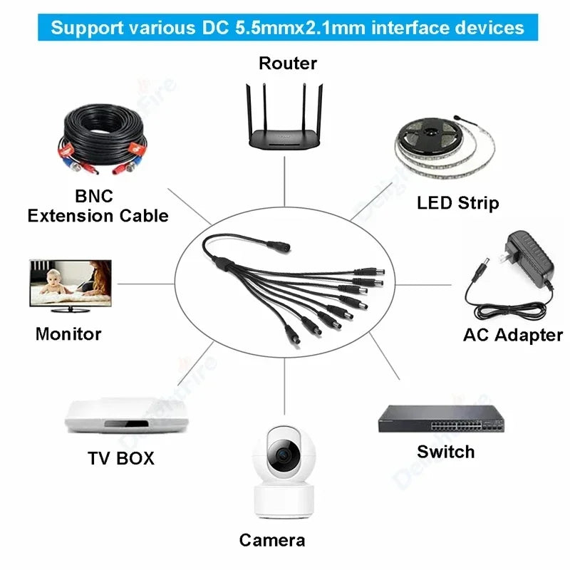 Splitter DC Power Cable 1 To 2/3/4/5/6/8 Way 5V 12V Male Female 5.5x2.1mm DC Plug Extension Wire For LED Strip Light Camera CCTV