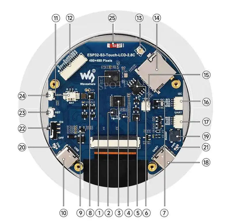 Waveshare 2.8 Inch Round Display ESP32 S3 Development Board 480×480 WiFi BT5 8MB PSRAM 16MB Flash 6-Axis IMU RTC Touch Optional