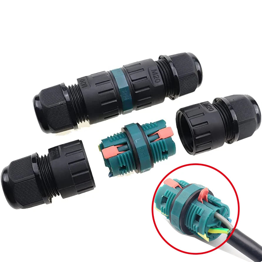 2pcs IP68 Screwless Lever-Nut Waterproof Junction Quick Wire Cable Connector 2Way 3Core M20 Plug Wire 5-12mm External Cord Boxes