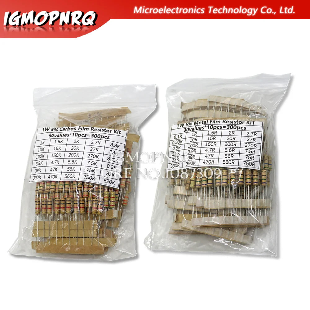 150PCS 300PCS Resistor Kit 1W 2W 3W 5W 5% 30Kinds X 10PCS Carbon Film Resistance 0.1-750 ohm Set 1k-820K 30Kinds X 5PCS hjxrhgal
