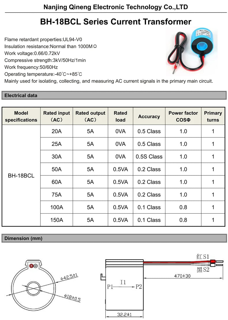 Current Transformer Sensor 05 Class BH-18BCL 50/5 100/5 150/5 High Precision Din Rail Current Transformer for Current Metering