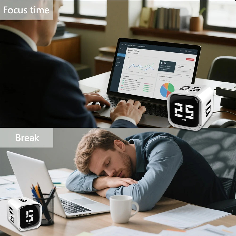 Adjustable Cube Pomodoro Timer - 5/25/10/60 Minute Countdowns, Settings - Pause, Resume, Silent, Vibrate & Sound Alarm Timer