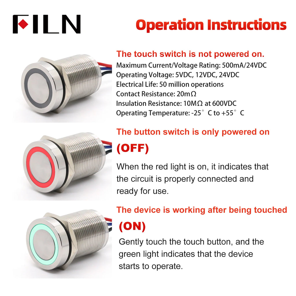 FILN 16/19/22mm Stainless Steel Touch Push Button Switch Dual Color LED Red Green Waterproof IP68/IP69K DC 12V/24V Momentary