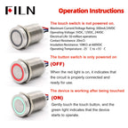 FILN 16/19/22mm Stainless Steel Touch Push Button Switch Dual Color LED Red Green Waterproof IP68/IP69K DC 12V/24V Momentary