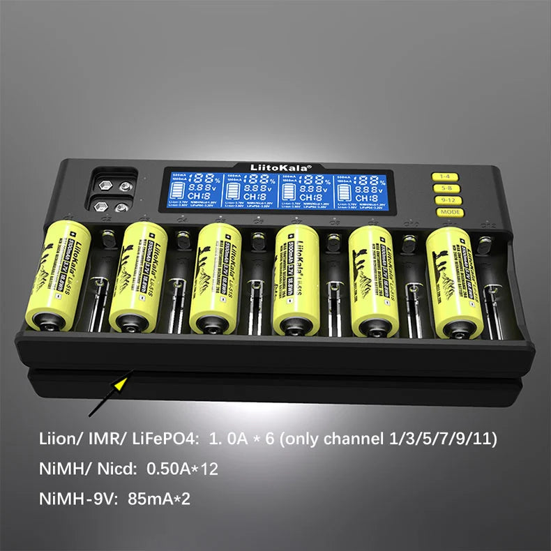 LiitoKala LiI-S12 Smart Charger 14 Slots - CE Certified Universal Charger for Li-ion/LiFePO4/Ni-MH/9V Batteries 18650, 26650, AA