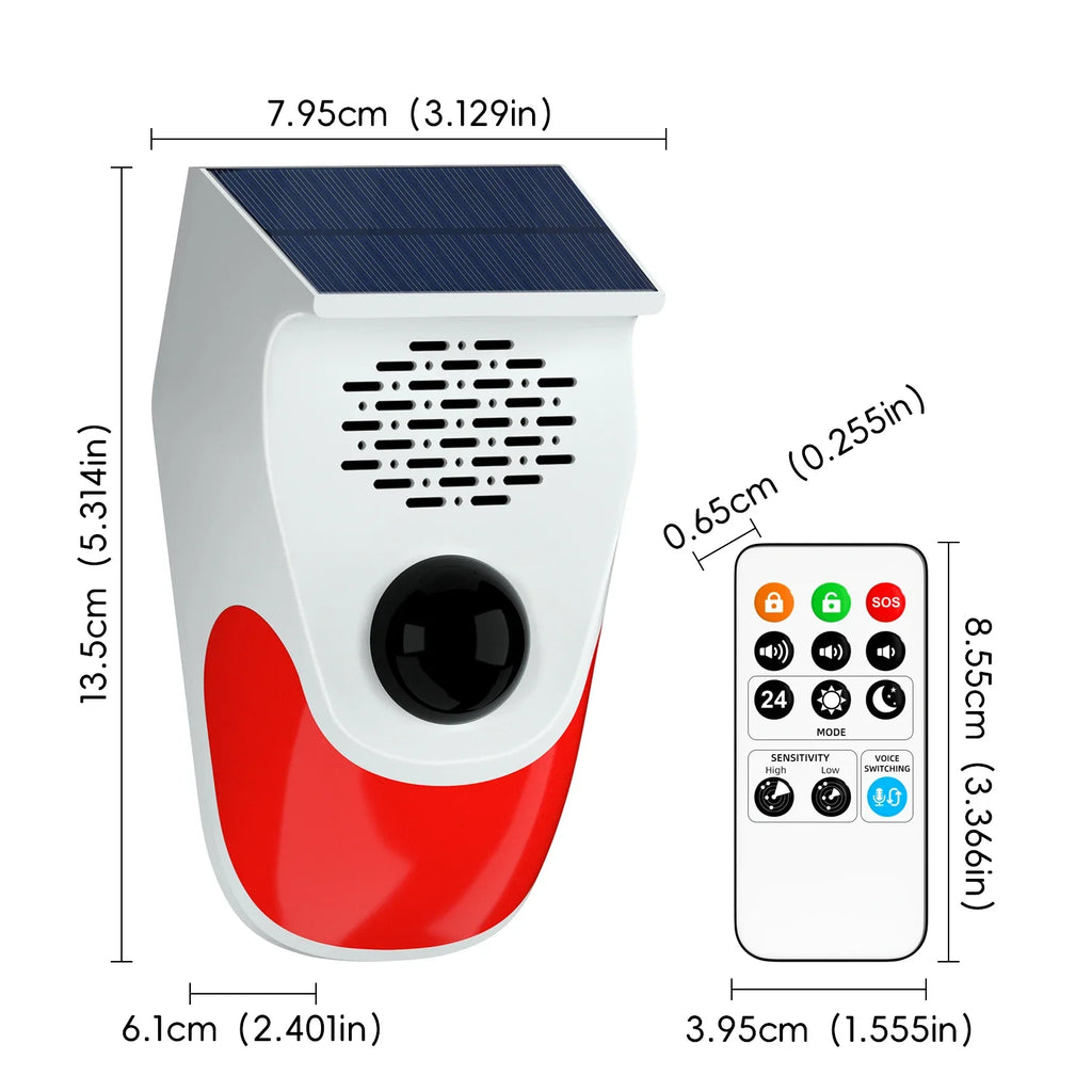 120db Solar Infrared Motion Alarm Sensor Remote Control Siren Strobe Light DIY Voice Announcer Outside Weatherproof PIR Sensor