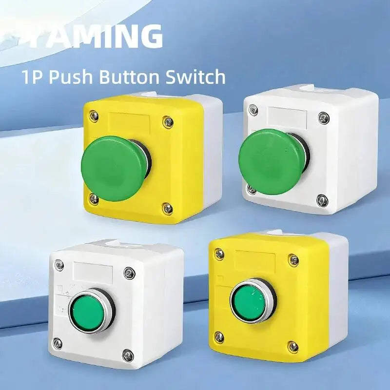 1P One-Hole Momentary Self-Reset Push Button Switch Start/Stop Round Flat Green Mushroom Head Control Box 22mm