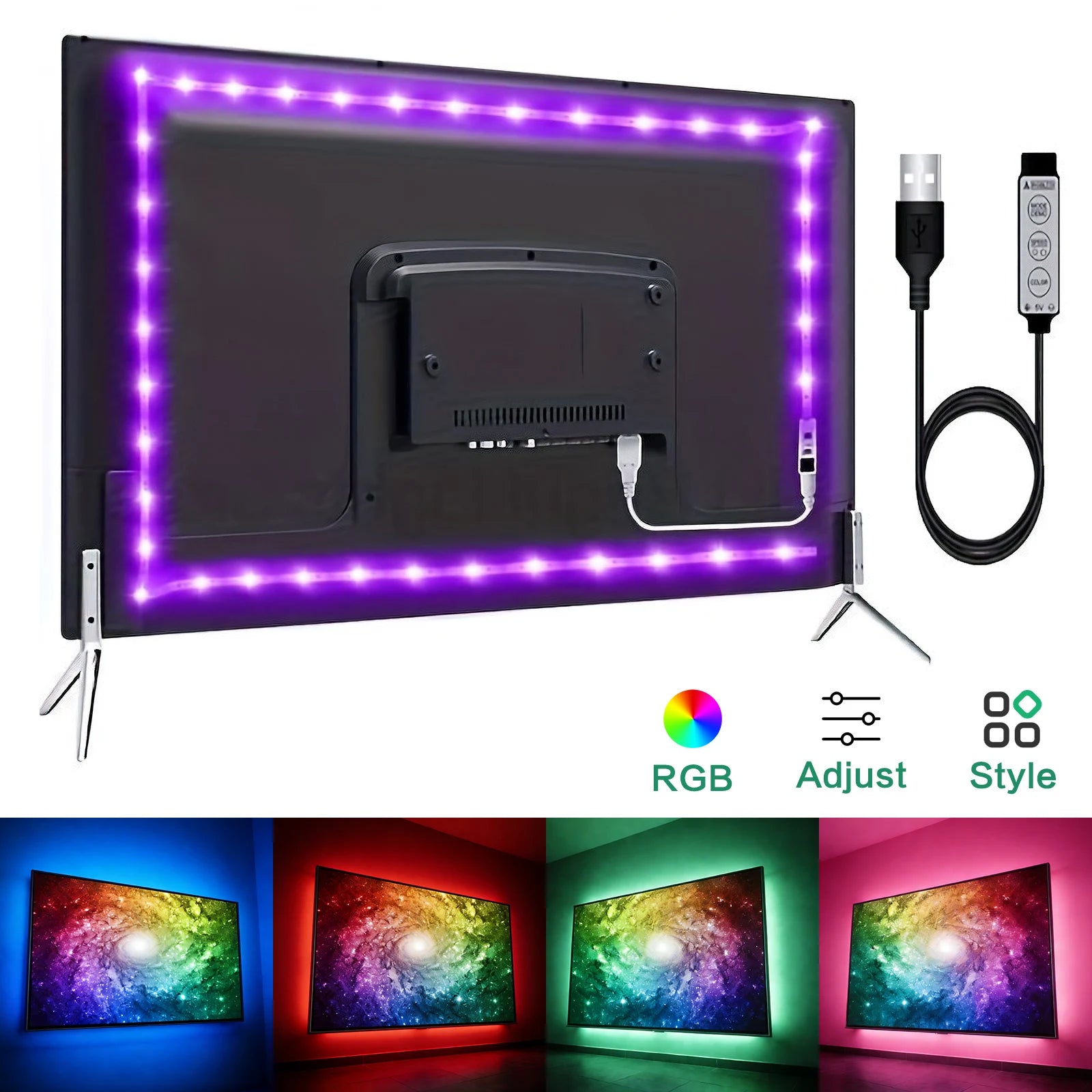 1-5M RGB LED Strip Lights, Music Sync Color Changing LED Lights for TV, 3-Key Controller Flexible LED Tape Light for Bedroom, Home Theater, Stage, Wedding and Party Decoration