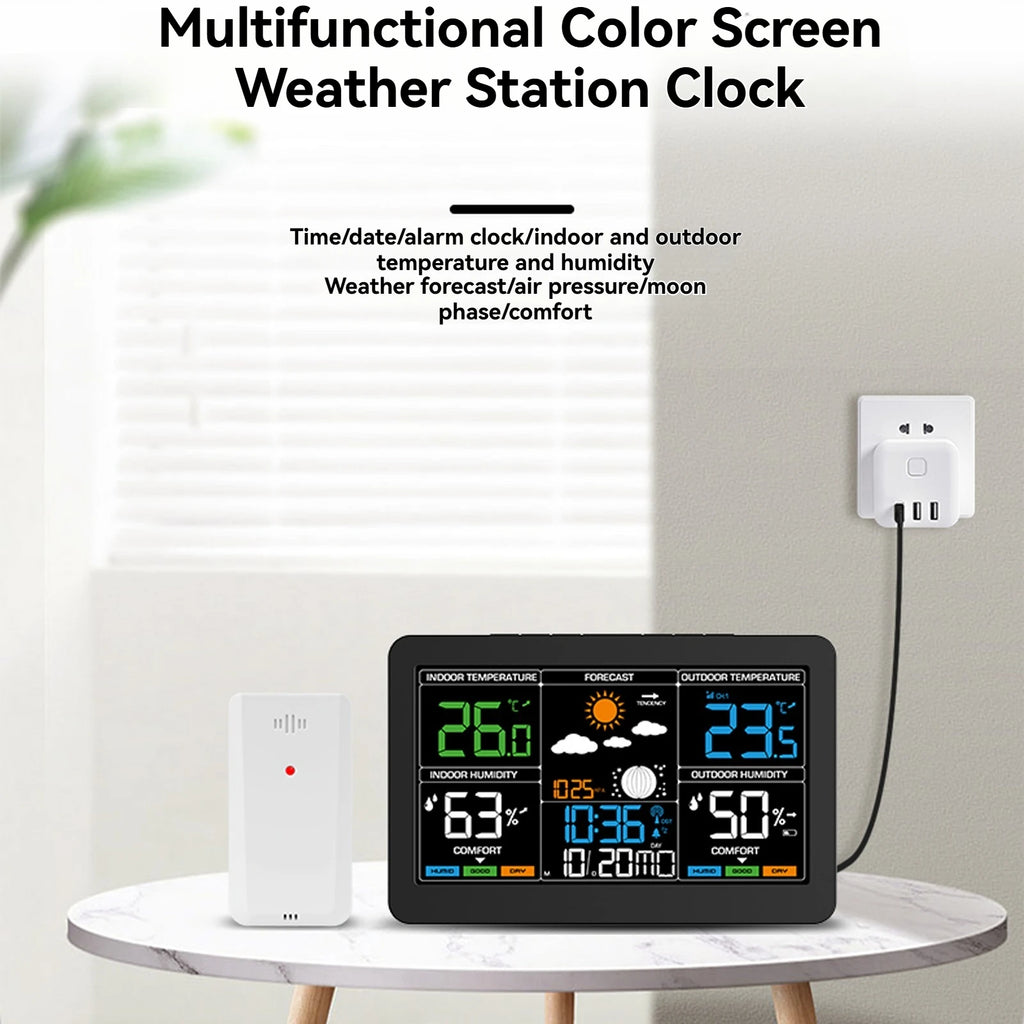Large Screen Weather Clock Weather Station Wireless RF Temperature Humidity Monitor with Weather Forecast Remote Sensor