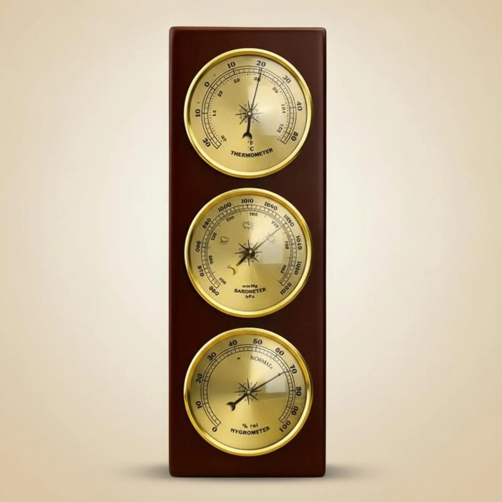 Triple Dial Wall Mounted Barometer Wooden Base Analog Weather Station for Home Office Gift Idea
