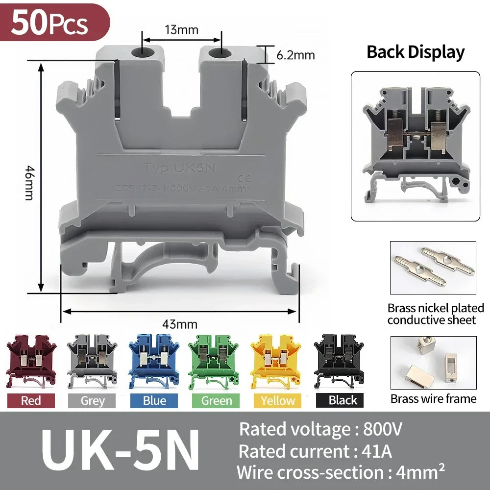 UK-2.5B DIN Rail Universal Brass Block Screw Clamp Wiring Voltage Terminal UK1.5N/3N/5N/6N/10N/16N/25N/35N/50N
