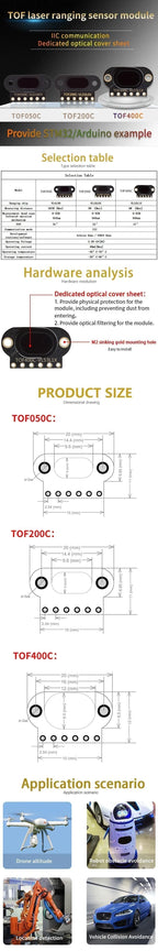 TOF050C 200C 400C laser ranging sensor module TOF time-of-flight distance IIC output for arduino VL6180 VL53L0X VL53L1X