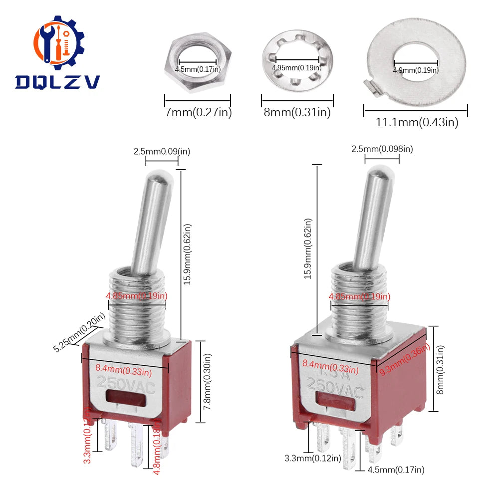5MM Mini Toggle Switch SMTS-102 250V/1.5A SPDT 3/6 Pin On On 2/3 Position Red Color Stitch Pins SMTS-202 ﻿