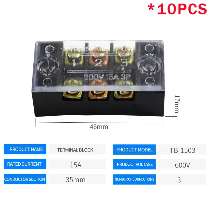 10PCS Dual Row Strip Screw Terminal Block Fixed Wiring Board Wire Connector TB-1503/TB-1506 15A TB-2503/TB2506 600V 15A
