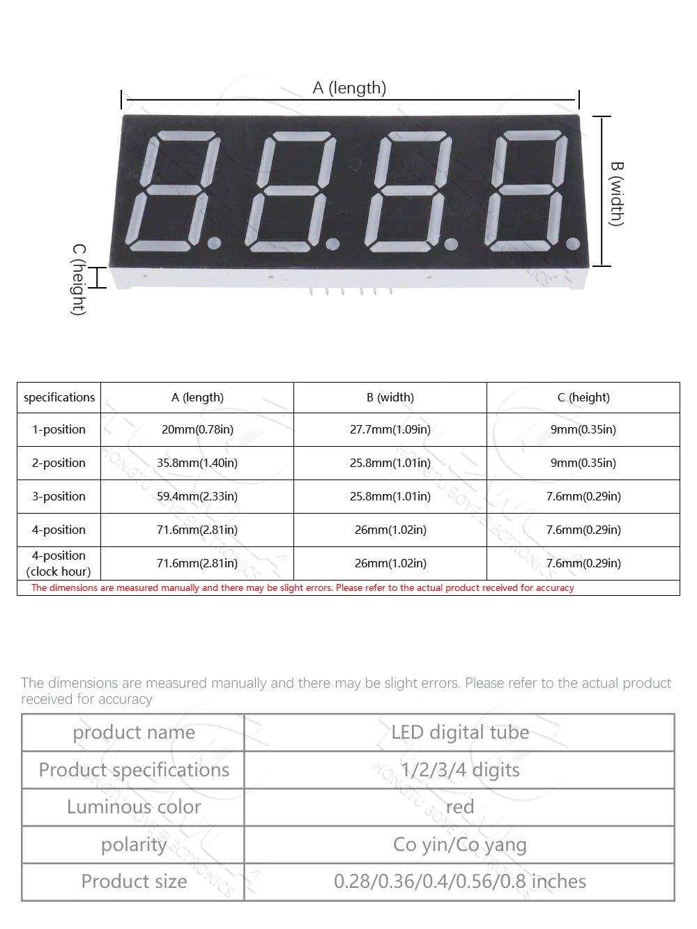 5PCS LED Digital Tube Display 0.28/0.36/0.4/0.56/0.8-Inch 1/2/3/4-Bit 7 Segment Common Cathode/Anode Red/White/Yellow/Green/Blue