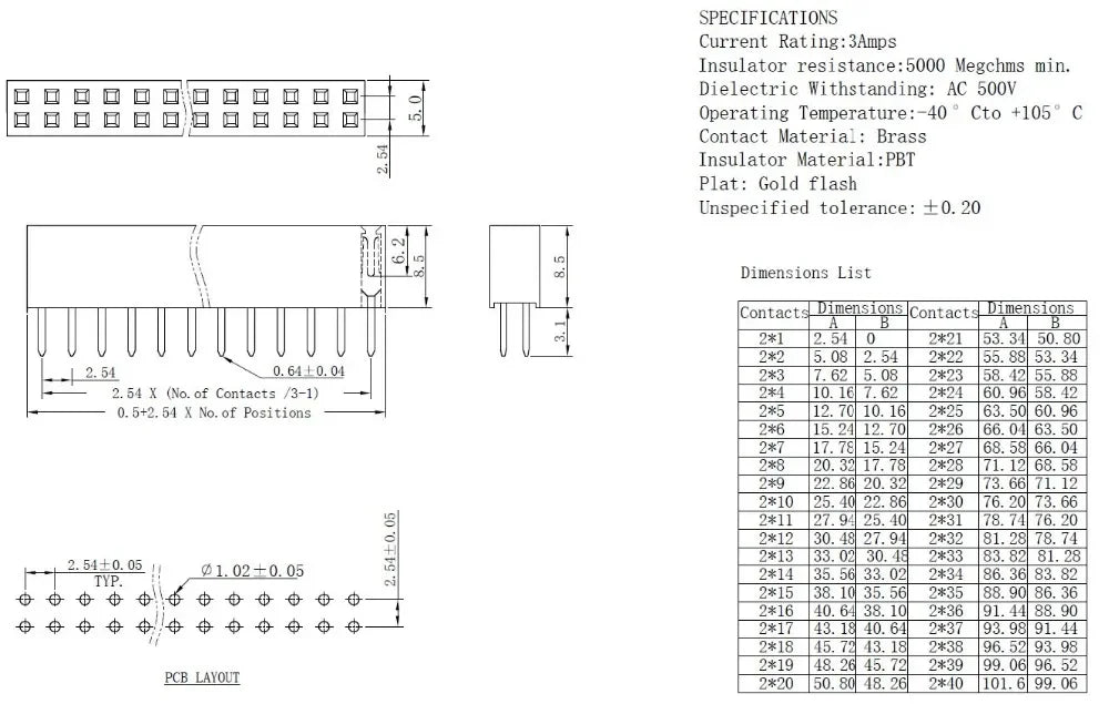 10Pcs 2.54mm Straight Dual 2X2/3/4/5/6/7/8/9/10/11/12/18/20/24/25/30/40P PH8.5mm Double Row Gold Rohs PCB Female Header Socket
