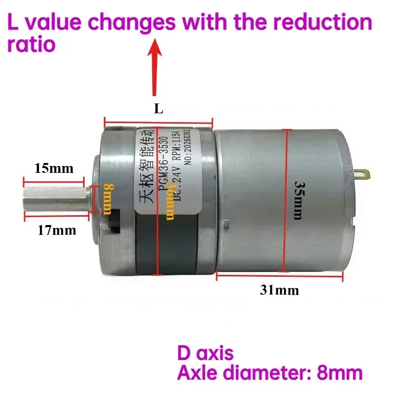 Gear reduction motor, capable of forward and reverse rotation, with adjustable speed. 36mm gearbox, 36 - 3530