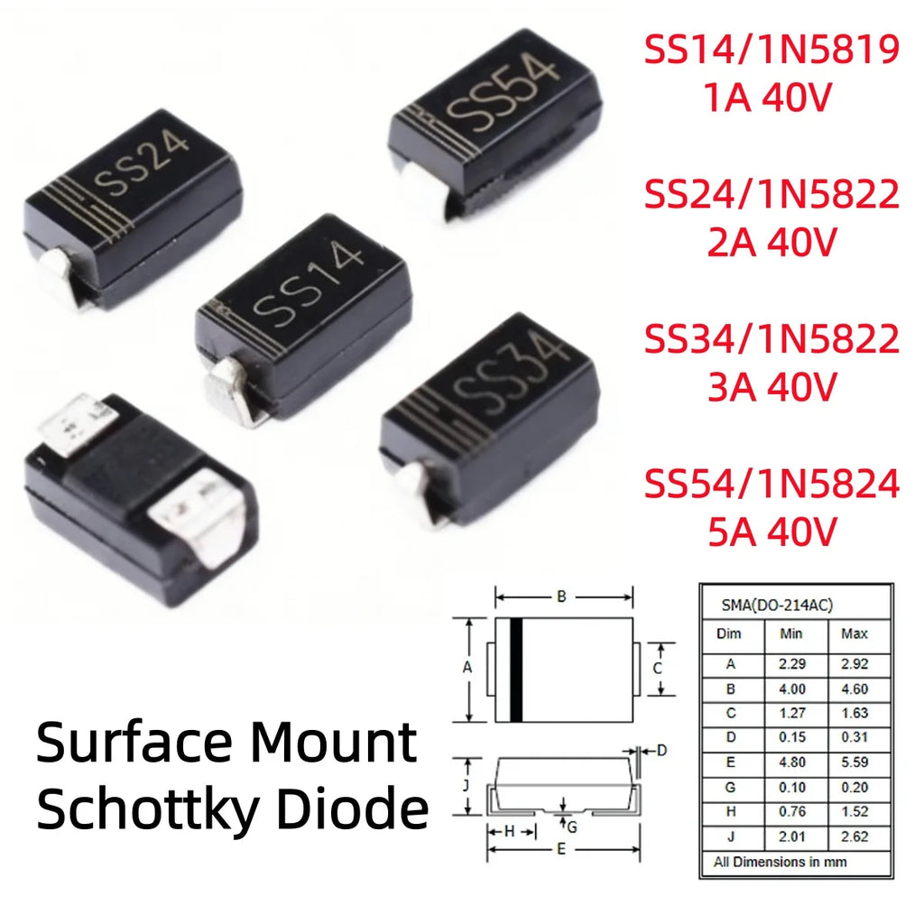 50/100/500Pcs SMA SS14/1N5819/1A SS24/1N5822/2A SS34/1N5822/3A SS54/1N5824/5A 40V DO-214AC Surface Mount Schottky Diode