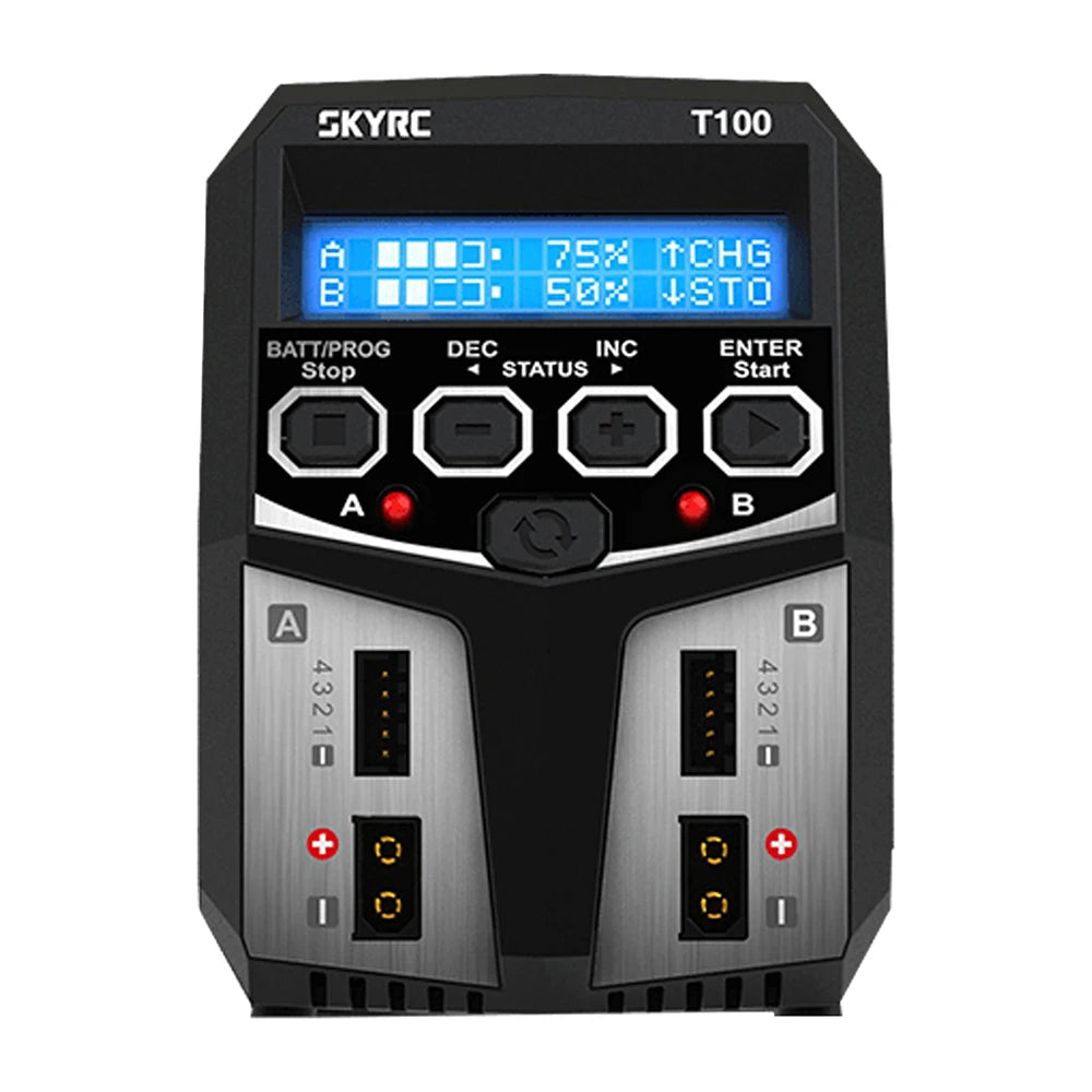 SKYRC T100 AC Lipo Battery Balance Charger Dual 5A 2X50W for 2-4S NiMH / NiCd / LiPo / LiFe / Lilon / LiHV  RC Car Charger