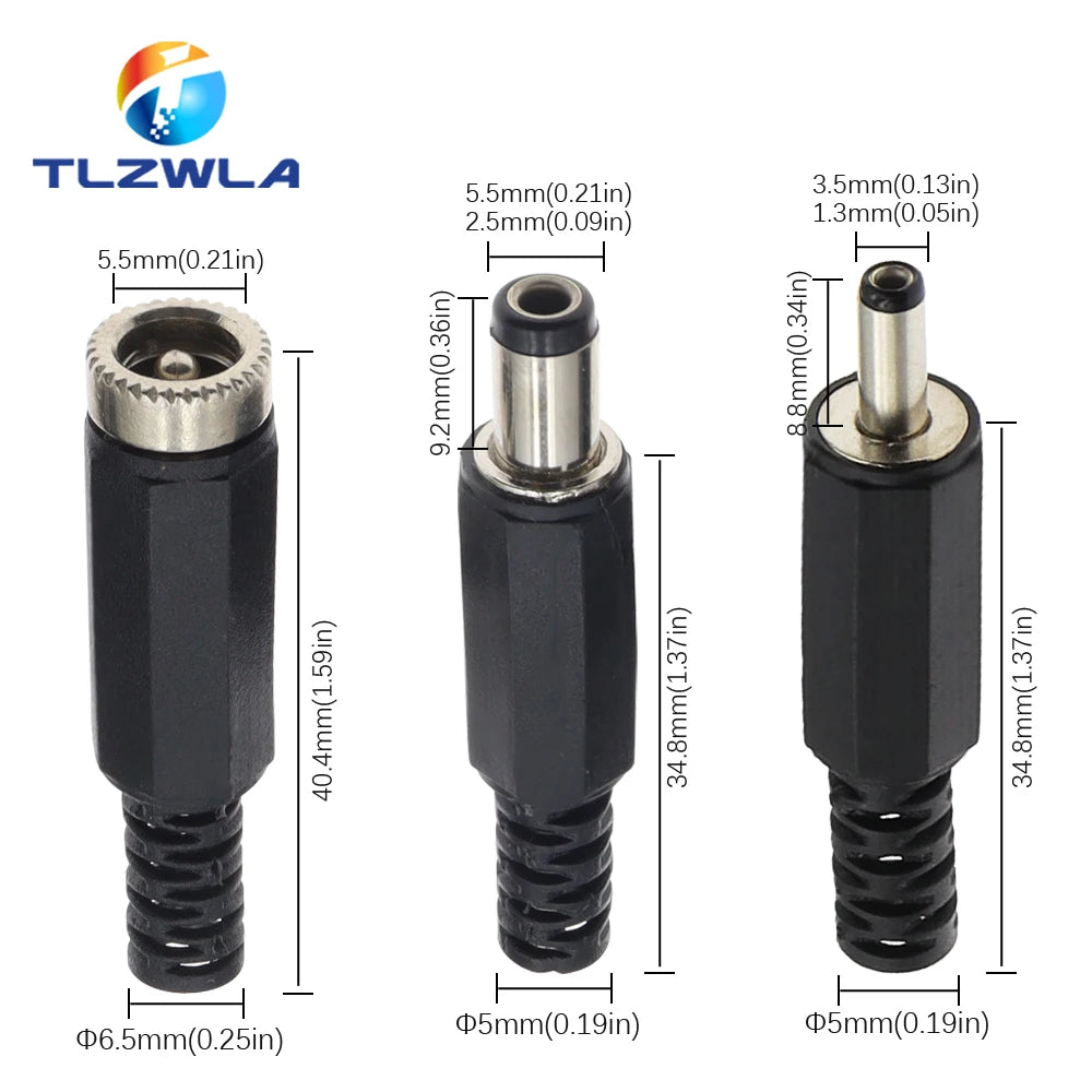 10Pcs DC Connectors 5.5x2.1mm 3.5x1.3mm DC Power Plug Male Female Jack Socket Nut Panel Mount DC Power Adapter Connector 5.5*2.1