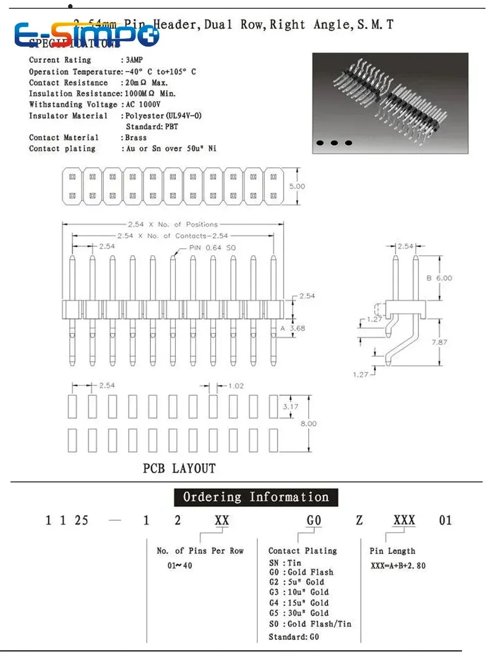 10pcs 2.54mm Double Row Right Angle RA SMT Horizontal SMD/SMT 2X3/4/5/6/7/8/10/20/40P PCB Surface Mount PH8.5 Male Female Header