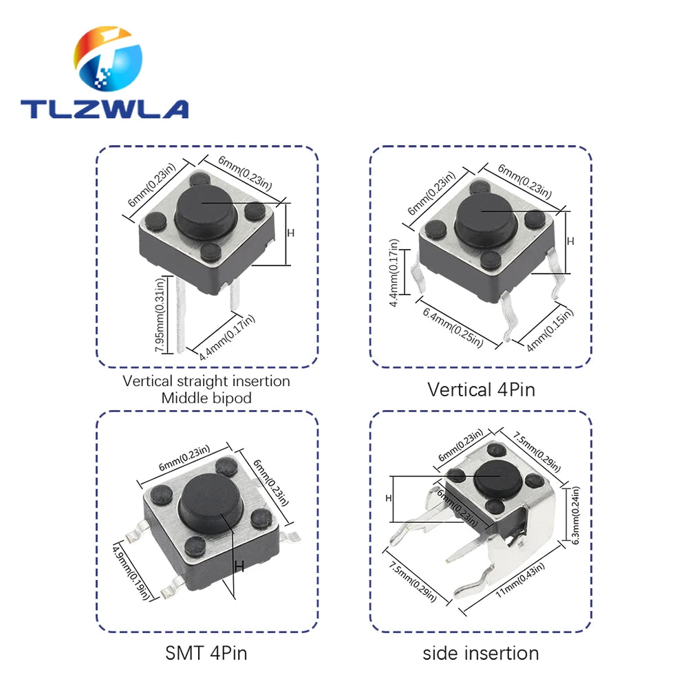 10 Models 6*6 Tact Switch Tactile Push Button Switch Kit Height: 4.3 5~13MM DIP 2P/4P Micro Switch 6x6 Key Switch