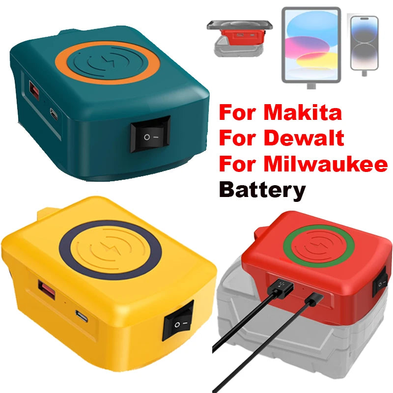 Fast Wireless Charger Adapter for Makita/Milwaukee/Dewalt 18V Battery - with Type C & USB Output, Wireless Phone Charger