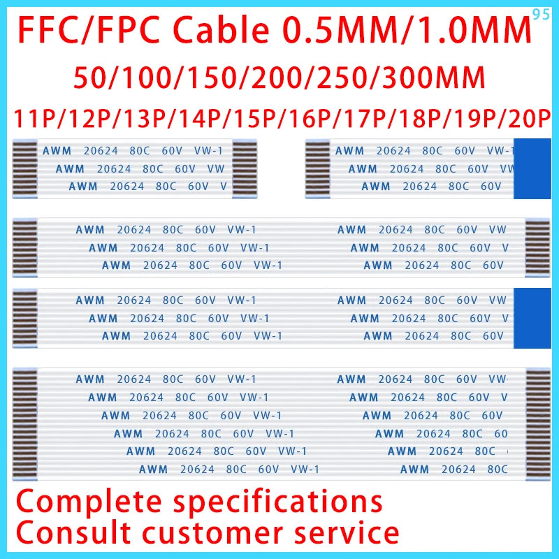 10PCS FPC FFC Cable Ribbon Flexible Flat Cable11P/12P/13P/14P/15P/16P/17P/18P/19P/20P 0.5MM 1.0MM Pitch 50/100/150/200/250/300MM