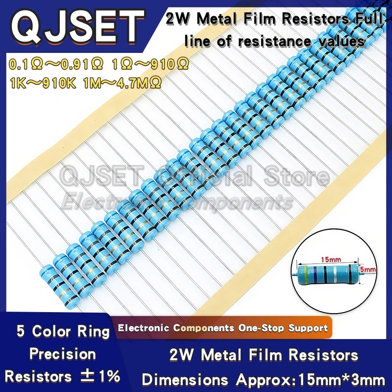 20pcs 2W Metal Film Resistors 1% 10 47 100 22 470 Ohm 1K 4.7K 10K 22k 47K 100k 200k 510k 470k 910k 1M Ohm 5 Color Ring Resistors