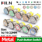 FILN 16mm 19mm 22mm Stainless Steel Waterproof LED Indicator Metal Push Button  Switch Power Symbol   Start Stop Power on Off