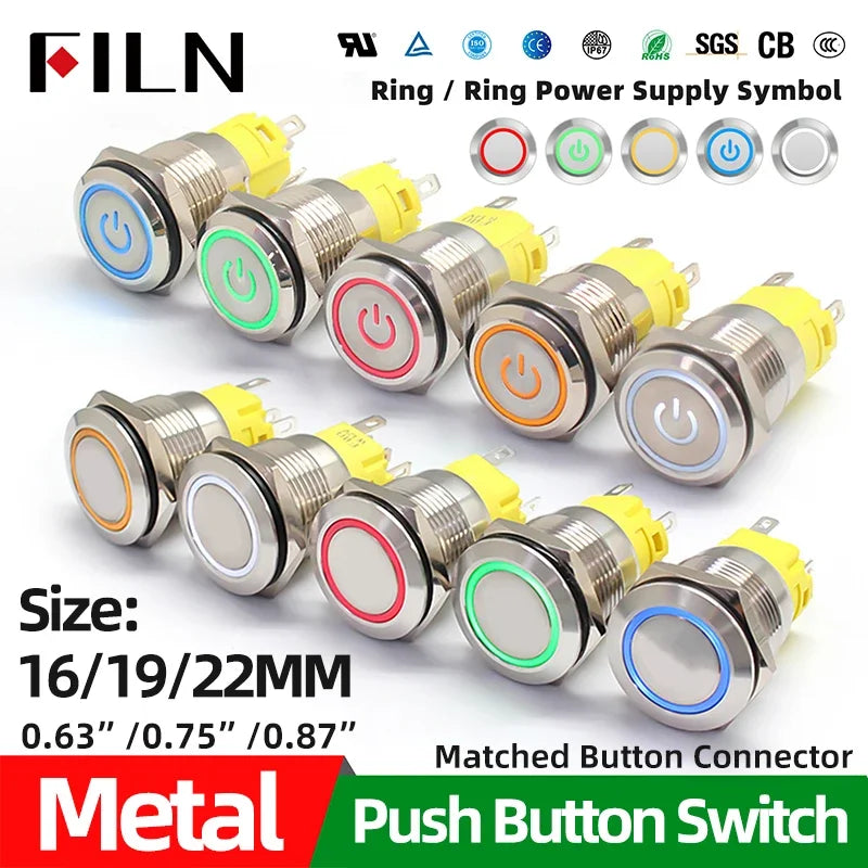 FILN 16mm 19mm 22mm Stainless Steel Waterproof LED Indicator Metal Push Button  Switch Power Symbol   Start Stop Power on Off