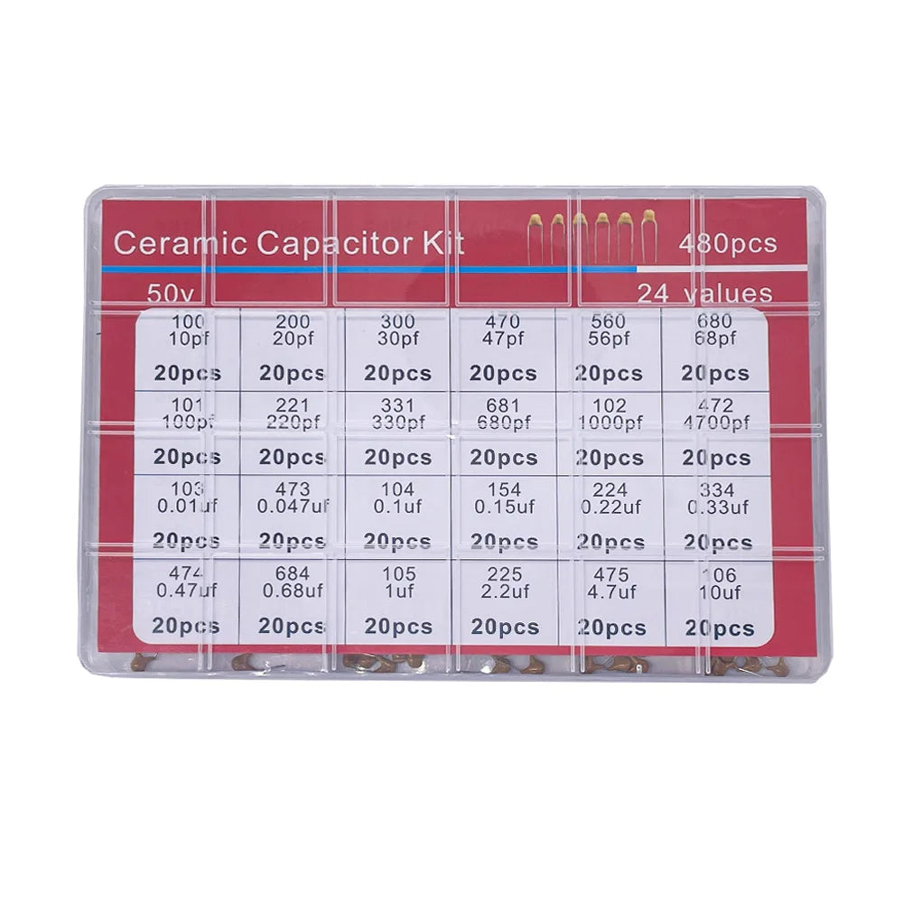 480pcs Ceramic Capacitor Assortment Kit For Guitar Capacitor 24Values 0.1uf-10uf